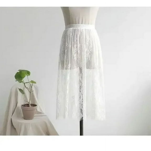 2 Length Elegant Black Skirt White Lace Transparent Long Tulle Skirt Ladies Elastic High Waist Beach Midi Skirt Drop