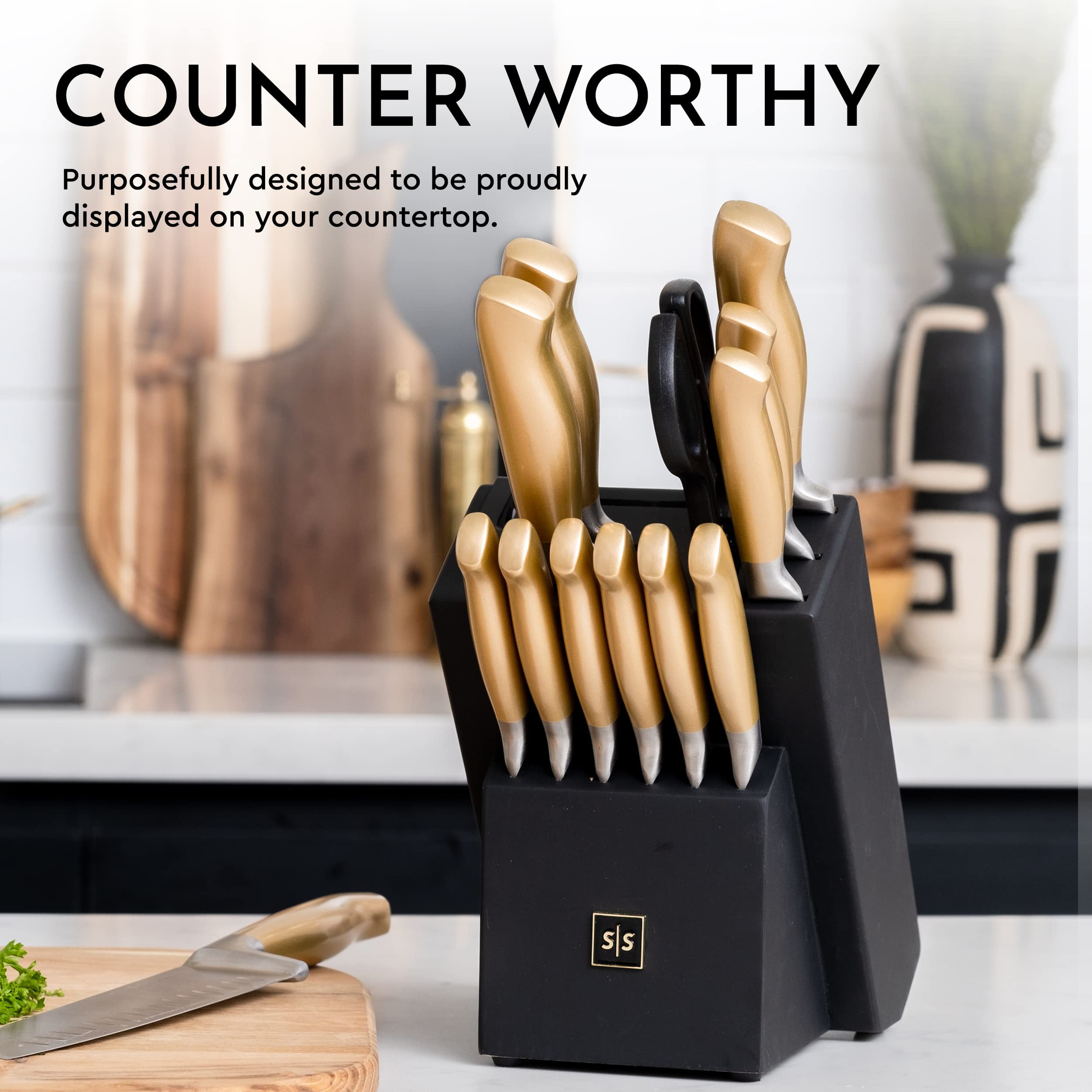 Chrome Club Stainless Steel Black and Gold Knife Set with Block - 7 Piece Gold Kitchen Knife Set with Durable Clear Knife Block and Sharpener 