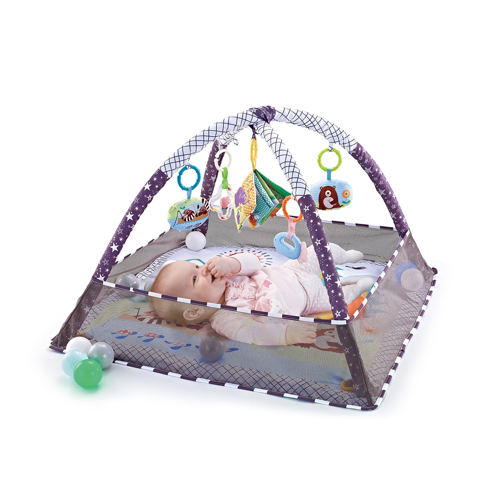 Baby Play Gym and Infant Play Mat with Protective Nets Toddler Activity Center with 5 Hanging Toys,Baby Activity Gym and Ball Pit for Sensory Exploration and Motor Skill Development