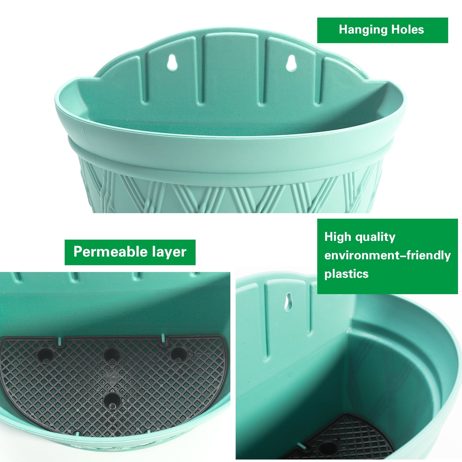 Sungmor Quality Plastic Wall Hanging Planter - Semicircle & 3PC Pack & Green - Indoor Outdoor Home Garden Balcony Railing Fence Hanging Pots - Wall Mounted Planting Pot Plants Container
