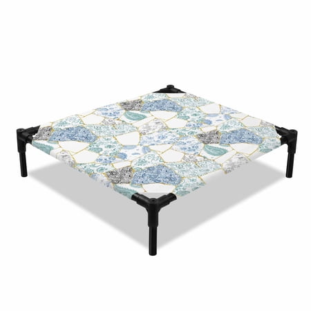 Green Flower Porcelain Elevated Dog Bed Abstract Art Stitching Texture Cooling Breathable Outdoor Raised Dog Cot Bed with Metal Frame Non-Slip Feet for Small Dog 20x20in