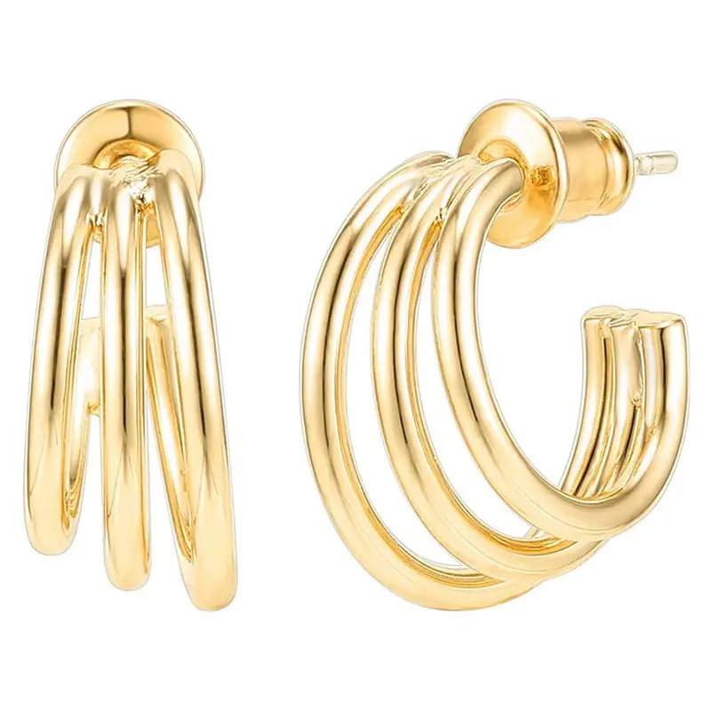 Triple Hoop Earrings for Women, 18k Gold Plated Stainless Steel, Hypoallergenic Lightweight Dangle Hoops, Post Back Closure