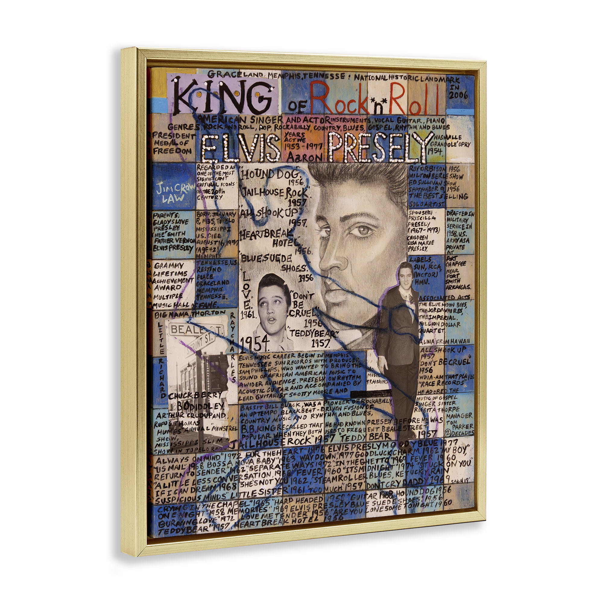 Stupell Industries Elvis Presley Collage People Drawing Gold Floater Framed Canvas Art Print Wall Art, 25 x 31