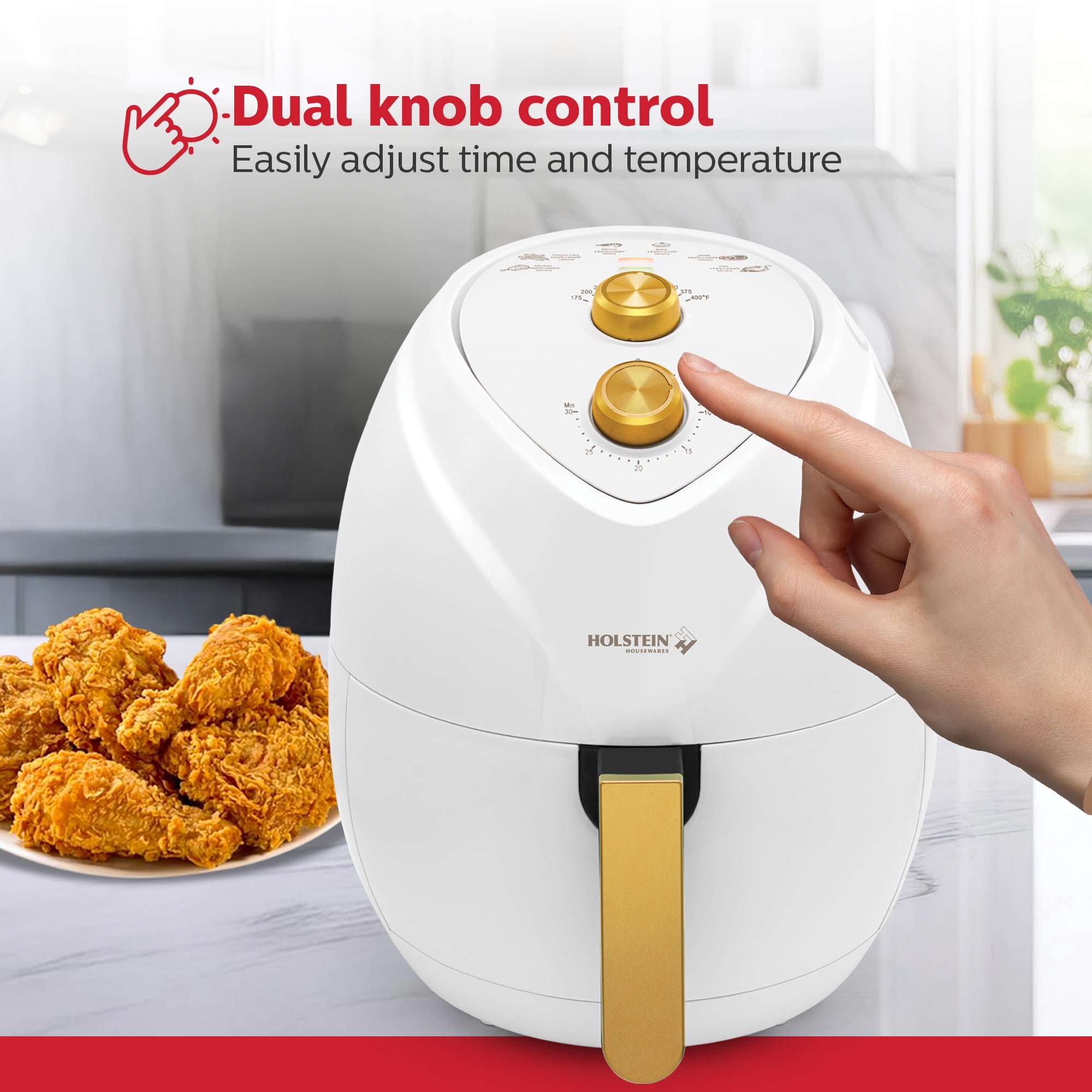 Holstein Housewares 4.8QT Air Fryer - Convenient and User Friendly with Optimal Cooking Functions to Fry, Bake, Grill and Roast, White and Gold