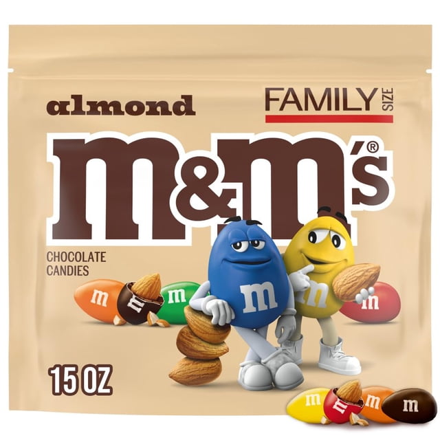 M&M'S Caramelo de chocolate con leche de almendras, tamaño familiar, bolsa de dulces resellable de 15 onzas
