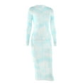 thumbnail image 5 of hirigin Women Bodycon Dress Fall Spring Tie-Dye Print Ruched Trim Party Club Dresses Female Long Sleeve Round Neck Slim Ribbed Vestidos, 5 of 9