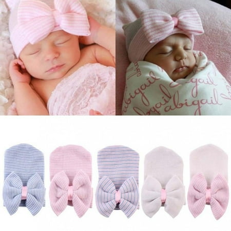 Newborn Baby Girl Infant Colorful Striped Bow Cap Hospital Warm Soft Beanie Hat