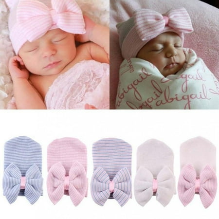 Newborn Baby Girl Infant Colorful Striped Bow Cap Hospital Warm Soft Beanie (Best Newborn Baby Hats)