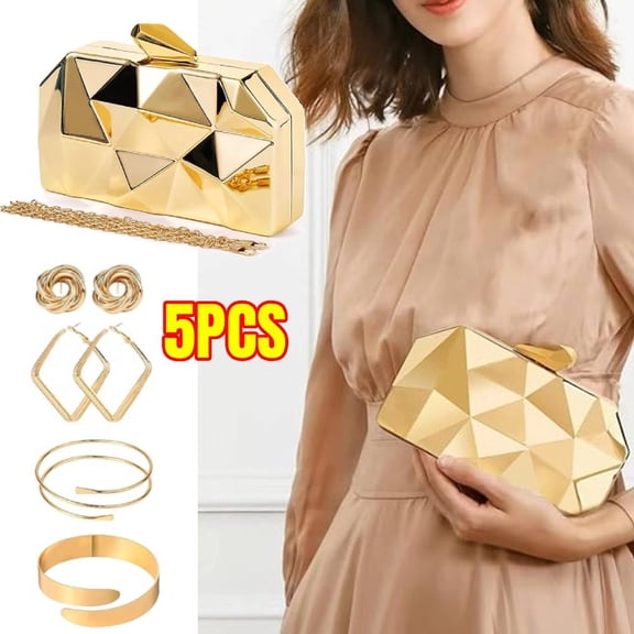 Gold Evening Bag,Geometric Evening Clutch,Metallic Gold Bags,Retro Jewelry Set, Evening Bags for Wedding, Party&Formal Evening