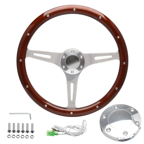 Top10 Racing 380mm 15" Chrome Dark Wood Steering Wheel, 6 Hole, Riveted Grip, Horn