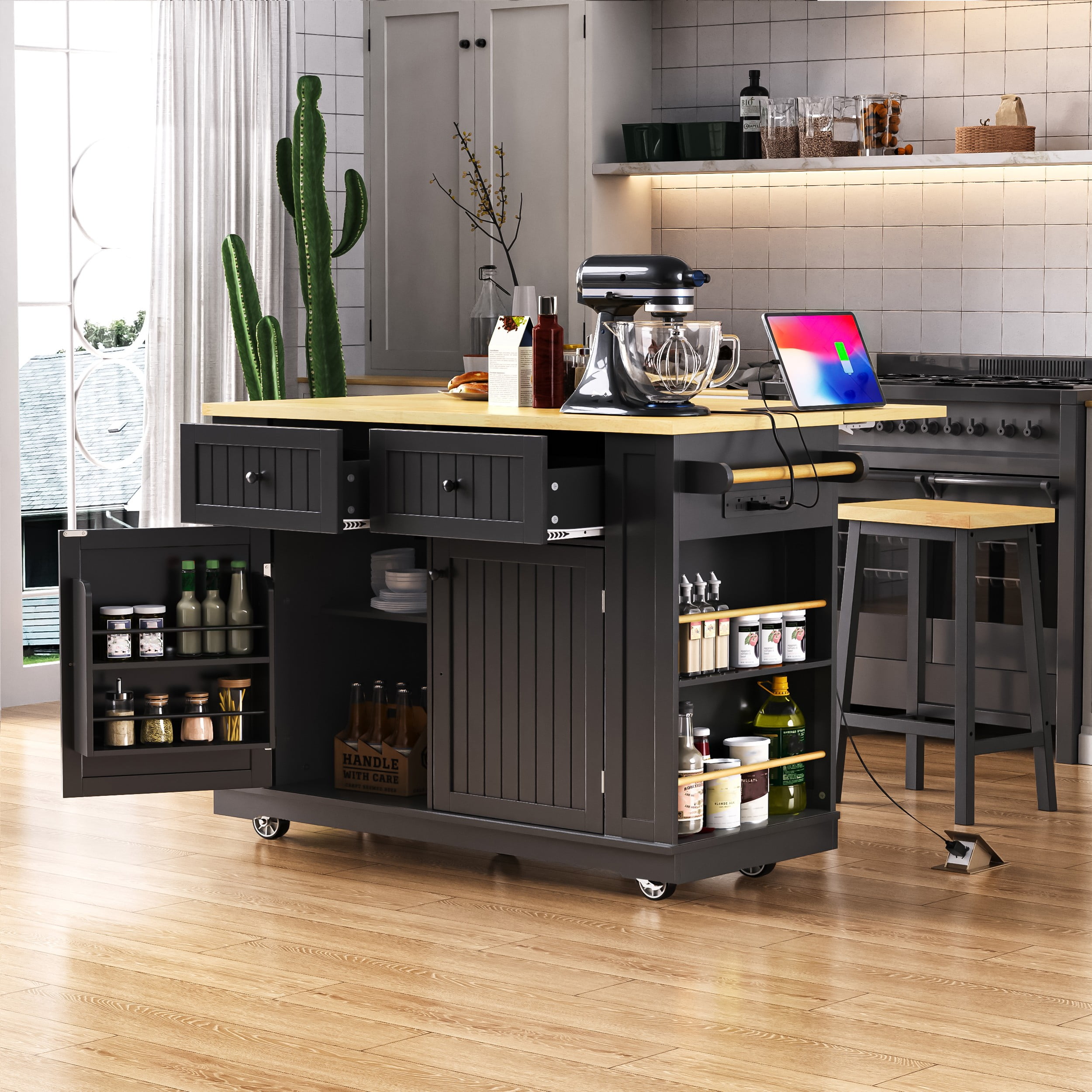 Harper & Bright Designs Kitchen Island with 2 Bar Stools, Kitchen Storage Cart on Wheels with Drop Leaf, Rolling Kitchen Island with Drawers and Power Outlet, Black