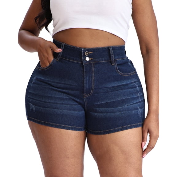 Gocolloa Plus Size Jean Shorts for Curvy Women Stretchy 3.5" Inseam Comfort High Waisted Denim Shorts Dark Blue 22W