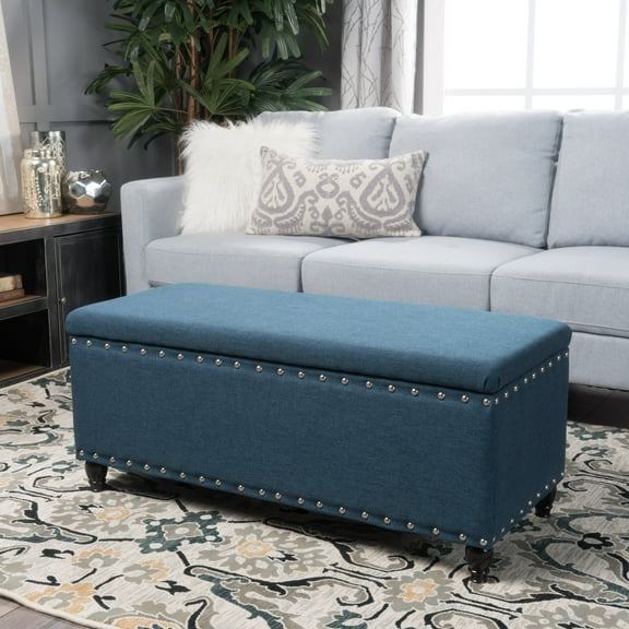 Noble House Harrisburg Fabric Storage Ottoman, Navy Blue