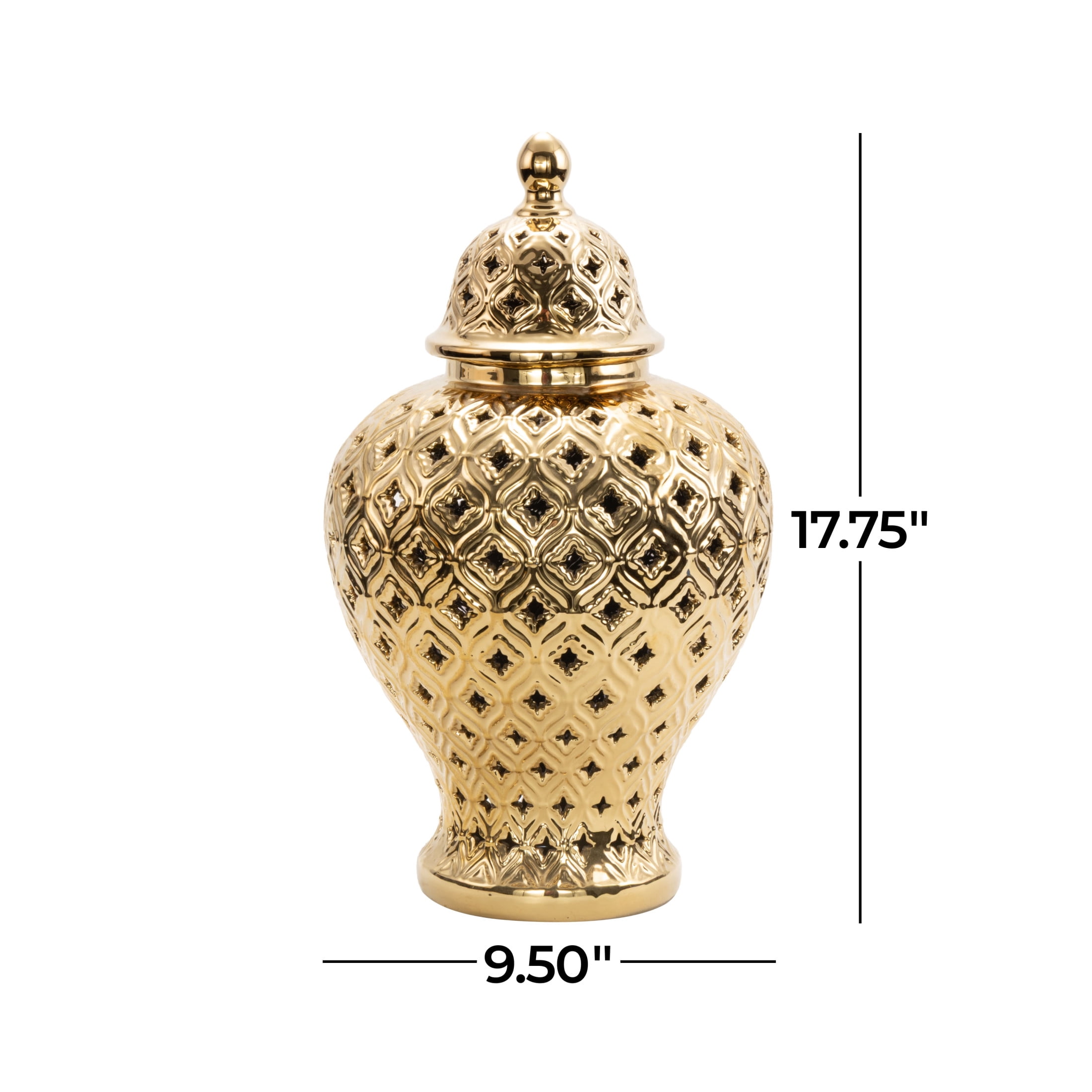 DecMode 10" x 18" Gold Ceramic Decorative Jars with Geometric Cutout Design and Lid, 1-Piece