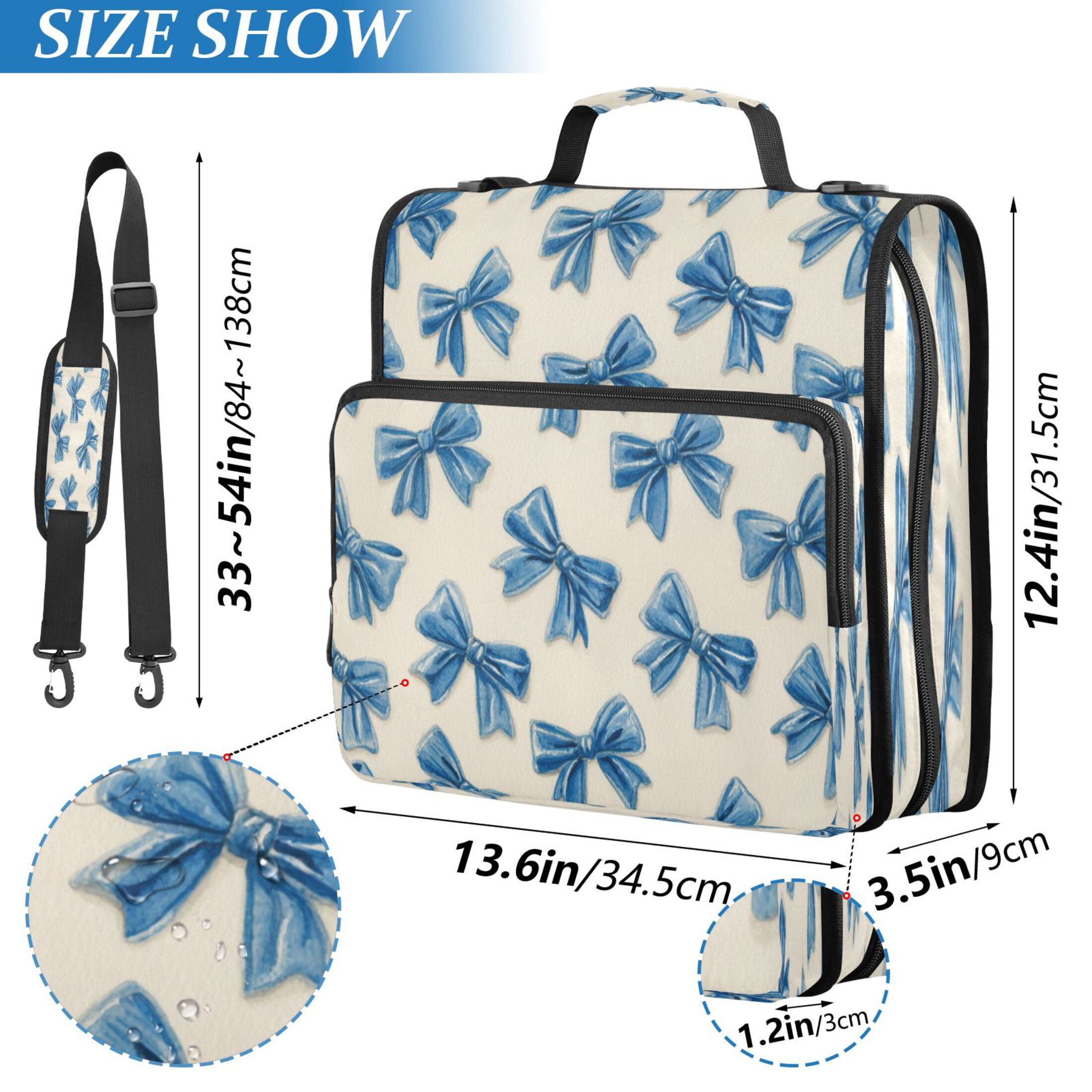 3 Ring Zipper Binder Stationery Organizer for Study Work Home Travel, All-Purpose File Folder Storage Bag for Daily Document Organization Classic Blue Bow Pattern