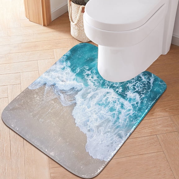 Toilet Rug U-Shaped Bathroom Rugs Non-Slip Soft Plush Machine Washable Contour Bath Mat Beach and Waves 24x20