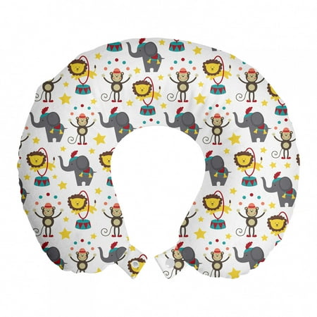Baby Travel Pillow Neck Rest, Happy Circus Animals Performing Jumping Posing Juggling Stars Backdrop Cartoon Style, Memory Foam Traveling Accessory Airplane and Car, 12", Multicolor, by Ambesonne