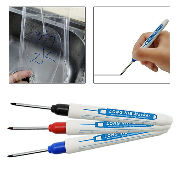 3 Pack Extra Long Tip Long Head Marker Pens Waterproof Permanent Woodworking Hole Marker Pen black and blue and red