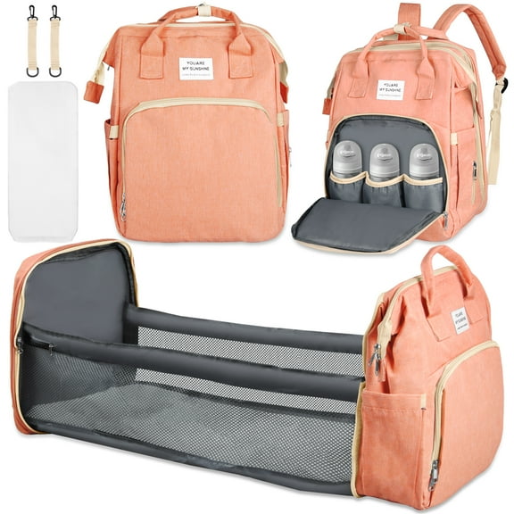 Diaper Bag Backpack,Multifunction Diaper Bag Backpack with Changing Station,Foldable Crib&Insulated Milk Bottle Pocket Large Capacity Baby Nappy Changing Bag Travel Backpack w/ Stroller Straps,Orange