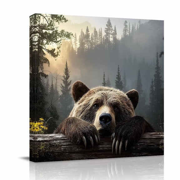 Bear Canvas Wall Art for Living Room, Animal Wood Fence Forest Farmhouse Poster Print Painting for Bedroom Office Home Decoration Wall Pictures Prepare To Hang 12"x12"