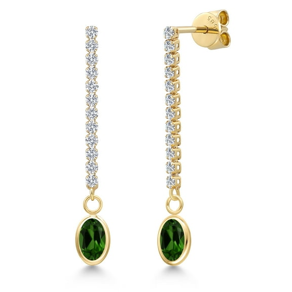 Gem Stone King 14K Yellow Gold Green Chrome Diopside and Lab Grown Diamond Earrings for Women | 1.46 Cttw | Gemstone Birthstone | Oval 6X4MM