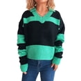thumbnail image 3 of Women Fall V Neck Sweater Color Block Long Sleeve Shirt Casual Loose Striped Pullover Sweaters Green L, 3 of 9
