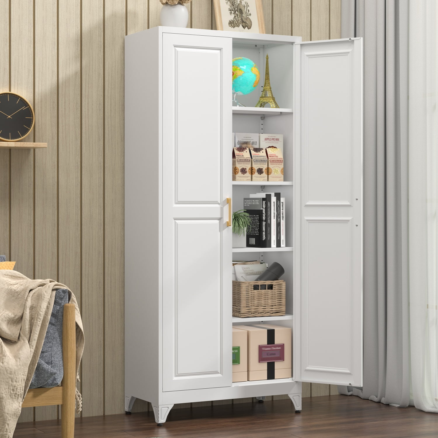 Polup 75" Height Metal White Storage Cabinet, Modern Tall Steel Pantry Cupboard with 2 Doors and Adjustable Shelves for Kitchen Garage and Home