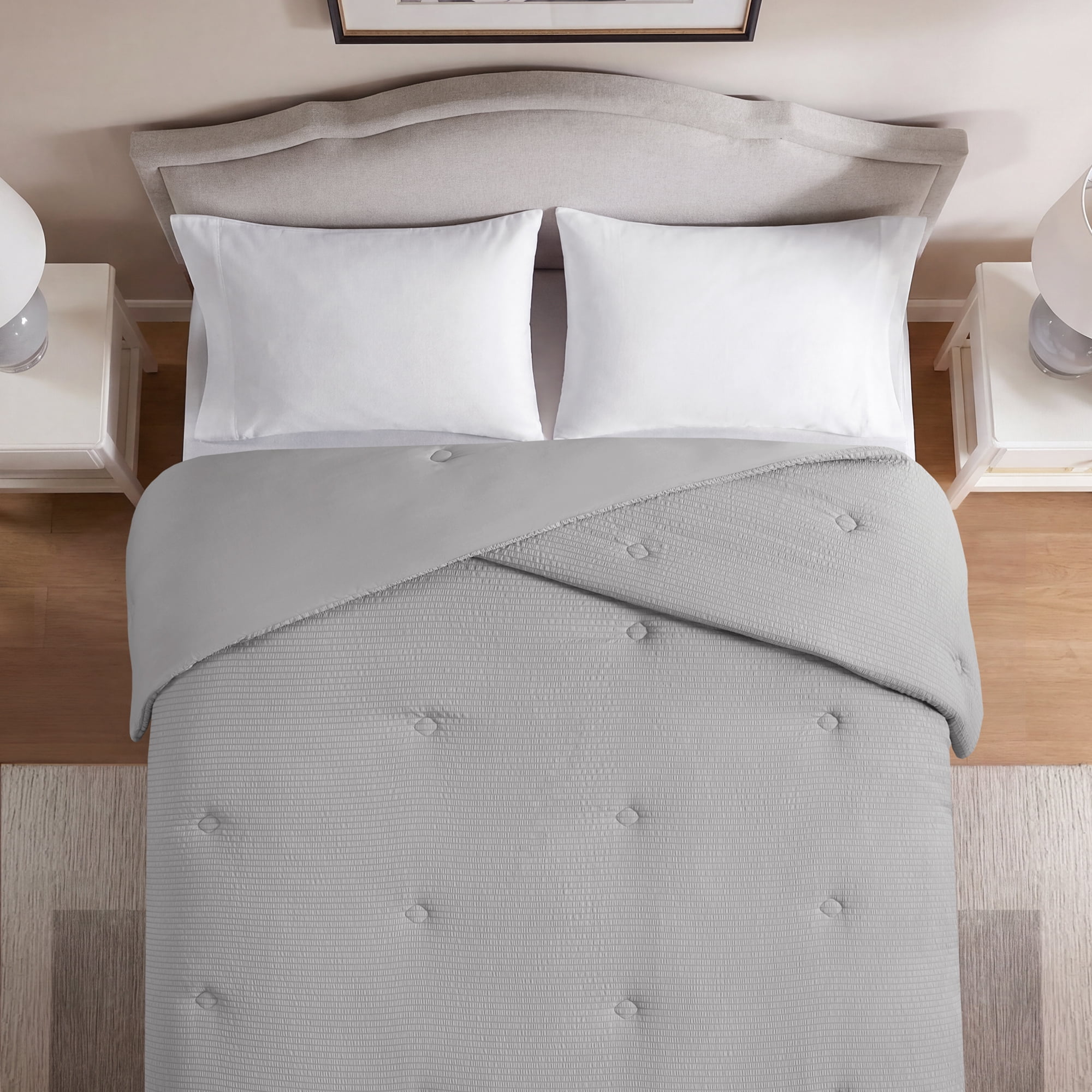 Mainstays Full/Queen Comforter, Reversible Down Alternative, All-Season, Grey Seersucker