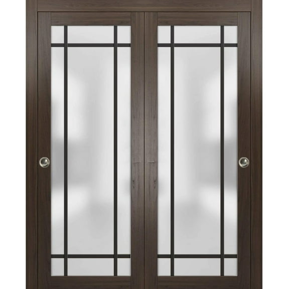 Sliding Closet Bypass Doors 64 x 80 inches | Planum 2112 Chocolate Ash Frosted Glass | Sturdy Rails Moldings Trims Hardware Set | Wood Solid Bedroom Wardrobe Doors