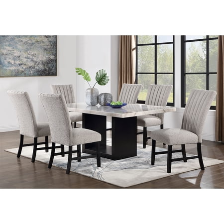 Dining Room Set Genuine Marble Top Rectangular Dining Table with 6 Gray Boucle Fabric Upholstered Side Chairs Solid Wood Legs 70 L x 42 W x 30 H Contemporary Transitional Style