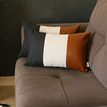 Boho-Chic Set of 2 Handcrafted Decorative Throw Pillow Cover Vegan Faux Leather Solid 12" x 20" Black & Brown Lumbar for Couch, Bedding