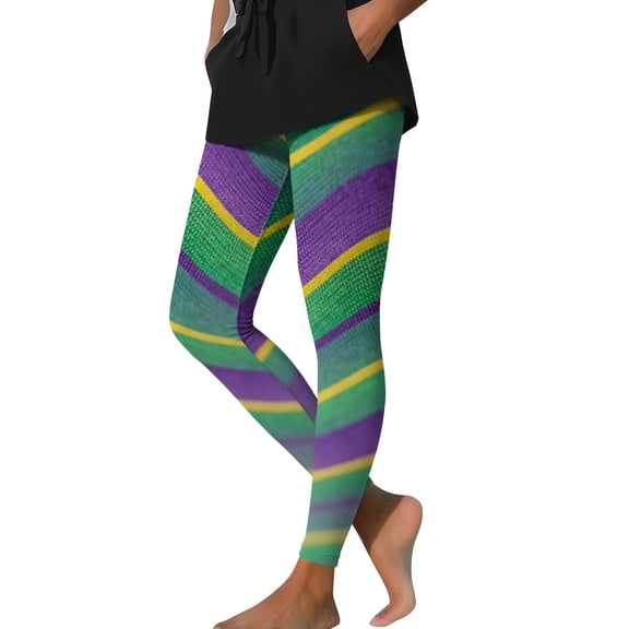 Vekome Leggings for Women Plus Size Mardi Gras High Waisted Yoga Pants Seamless Striped Lightweight Running Tights Multicolor L