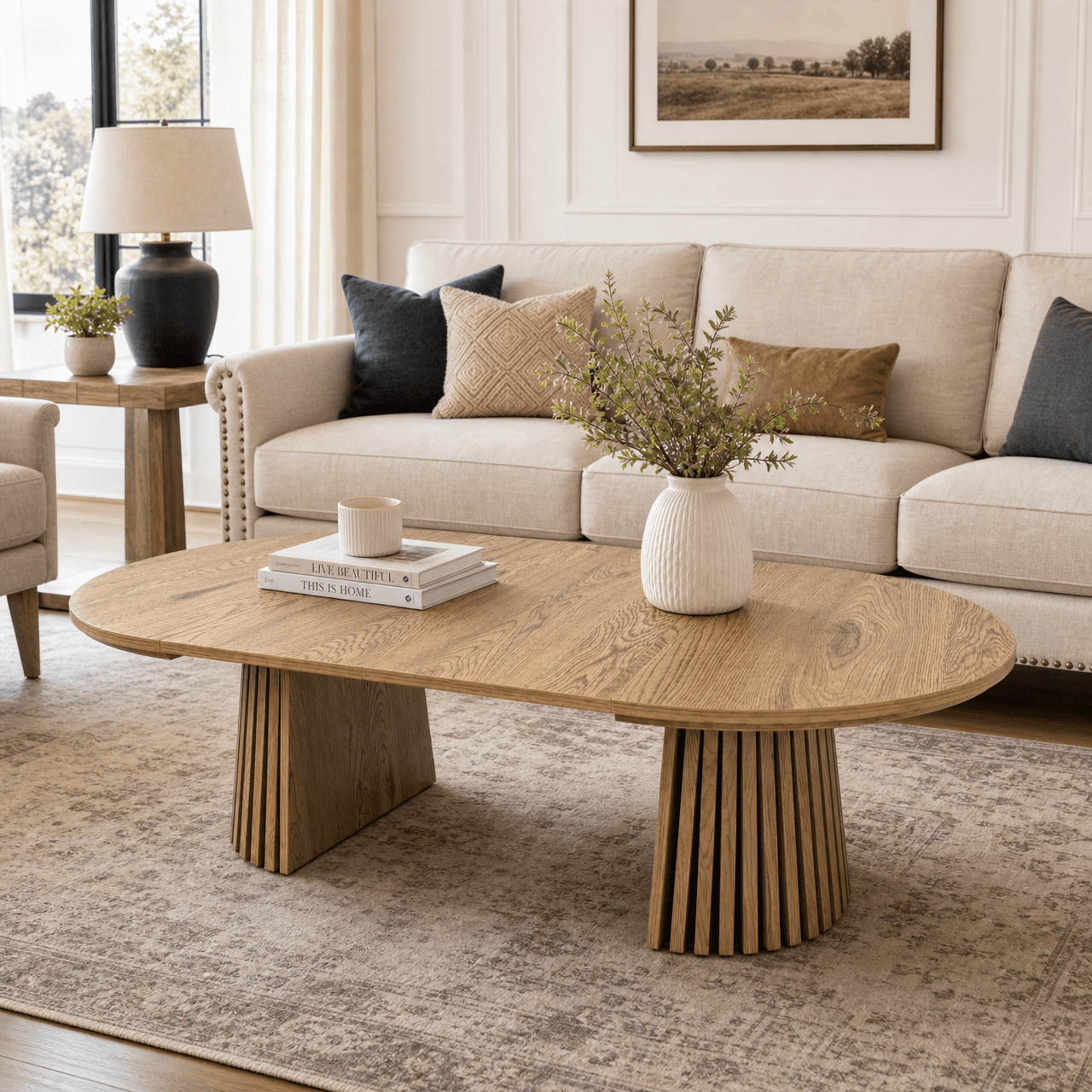 Extendable Round Coffee Table 55 Inch, Wooden Oval Table with Slatted Legs for Living Room Office, Beige and Natural