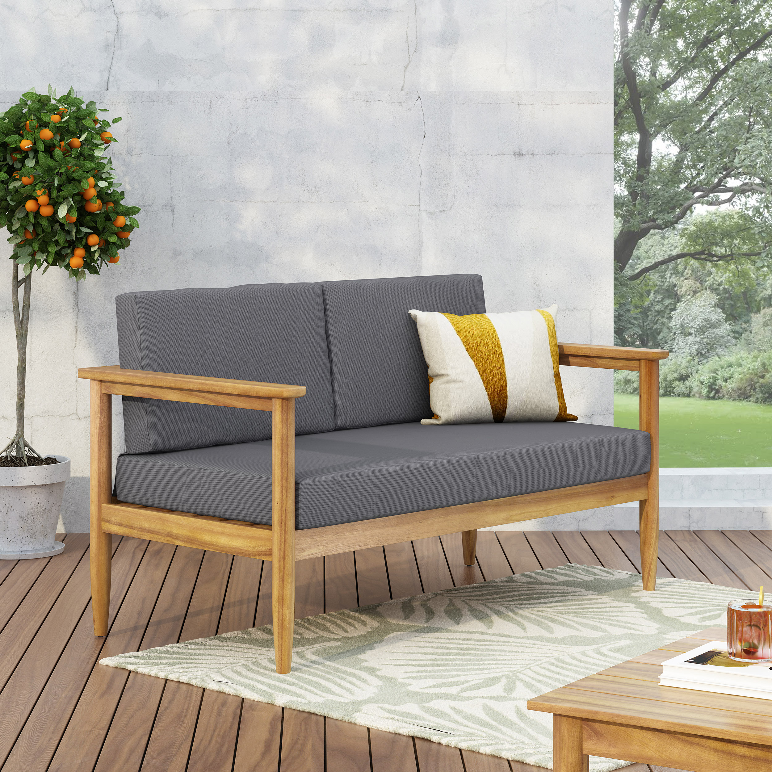 Noble House Magnolia Outdoor Acacia Wood Loveseat Teak and Gray
