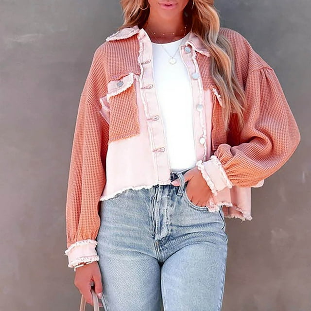 cllios Womens Waffle Knit Shirt Jacket Oversized Button Down Color Block Shacket Batwing Sleeve Tops with Pockets