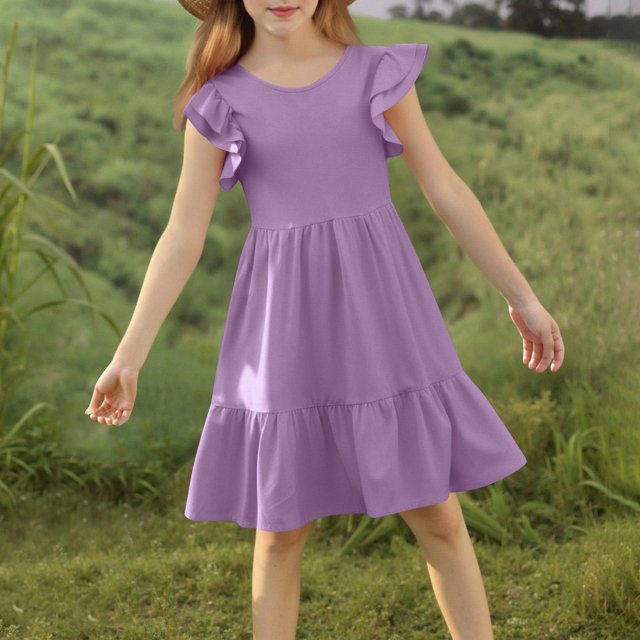 QTBIUQ Robe Décontractée à Col Rond pour Fille Couleur Unie avec Manches à Volants et Ourlet Jupe Plissée Polyvalente pour Usage Quotidien Mignonne et Élégante pour Fête de Vacances (Violet, 9 Ans)