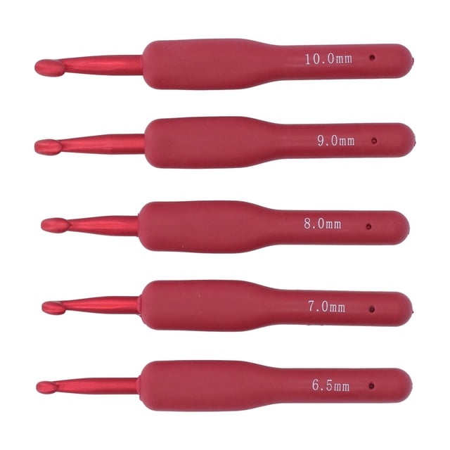 Juego de 5 agujas de ganchillo de aluminio con mango ergonómico rojo para principiantes y profesionales de 6,5 a 10 mm