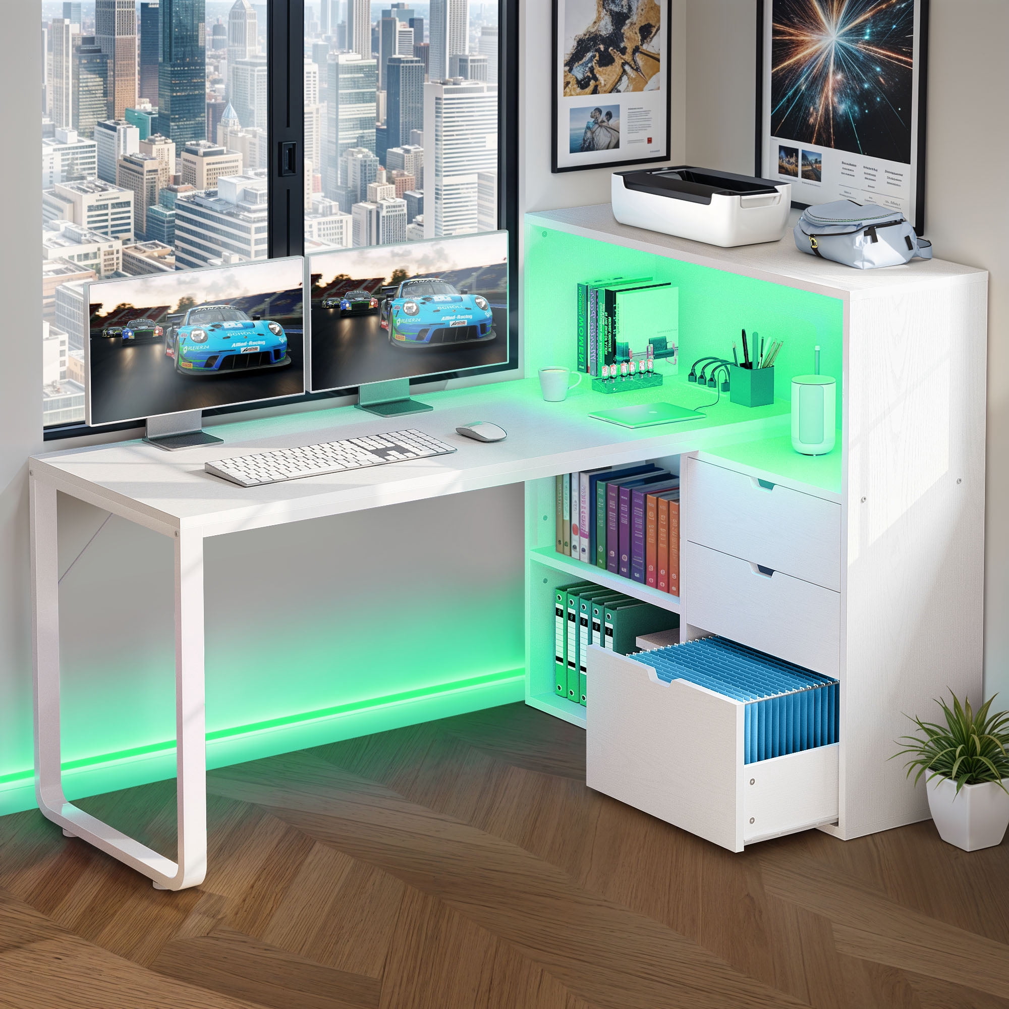 ModFusion 55" L Shaped Corner Computer Desk with Power Outlets, LED Lights, 3 Drawers and Bookshelf, White