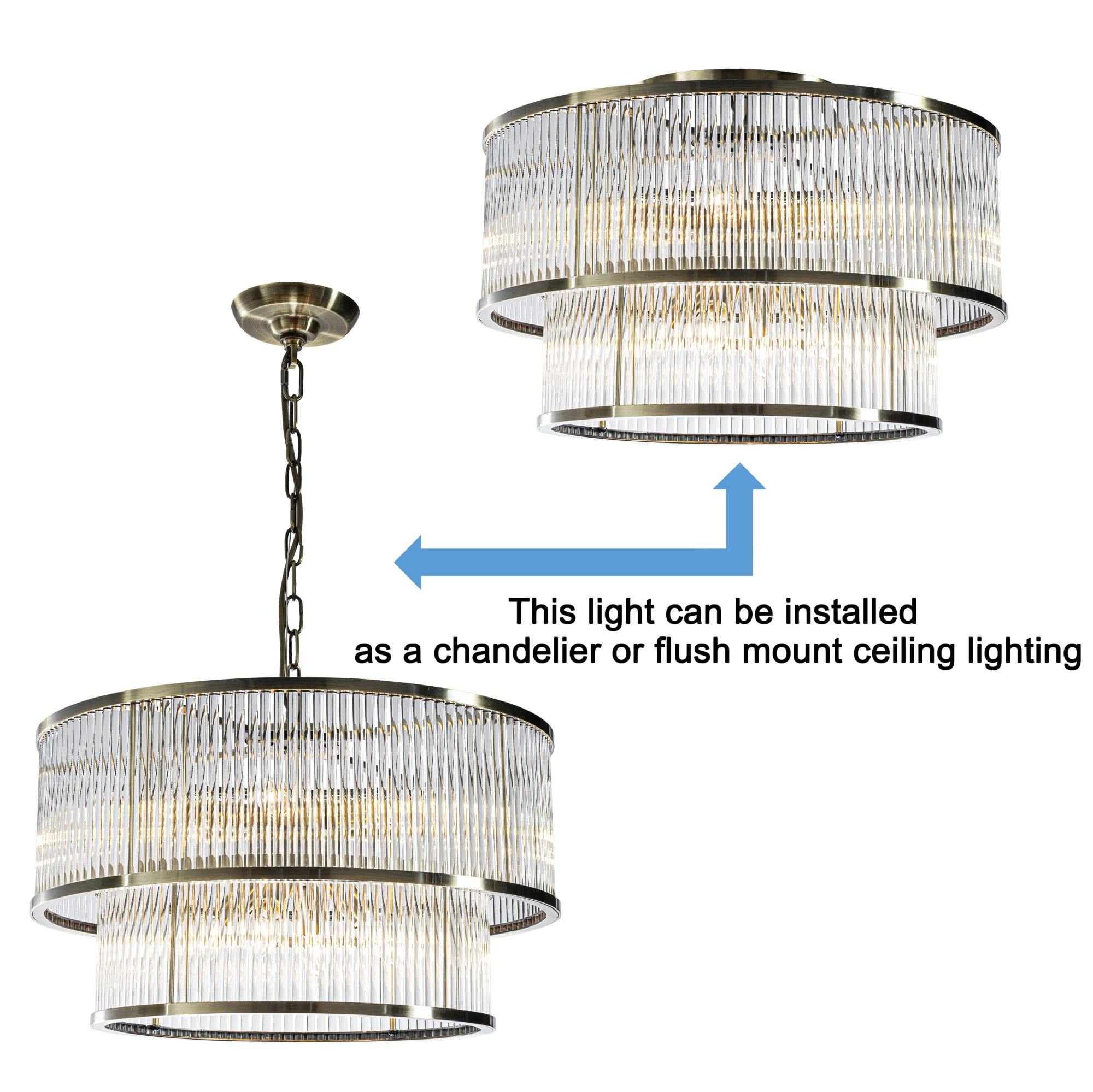 W21in Modern Glam 10-Light 2 Tiered Glass Drum Chandelier in Antique Bronze Contemporary Round Adjustable Hanging Light For Living Room Dining Room