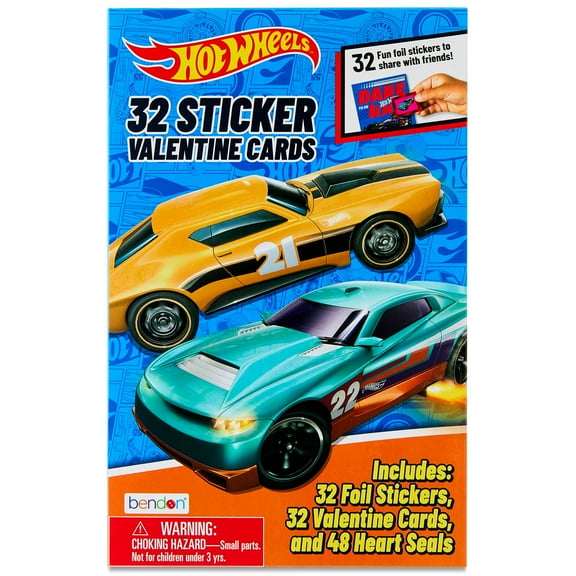 Hot Wheels Cars Valentine’s Day Cards, 32 Classroom Exchange Greeting Cards with Stickers for Kids