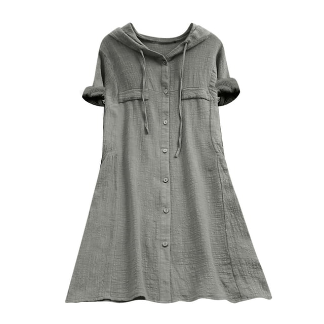 QIPOPIQ Robes pour Femmes pour Invitées de Mariage Fête Manches Courtes Tendance Robe à Capuche Unie Robe d'Été Robes Mini à Boutons pour Dames Offres 2023