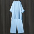 thumbnail image 5 of JFGHDG Linen Sets for Women 2 Piece Cotton V Neck 3/4 Sleeve Sleeve Top Wide Leg Pants Outfits Summer Casual Loungewear Blue L, 5 of 7