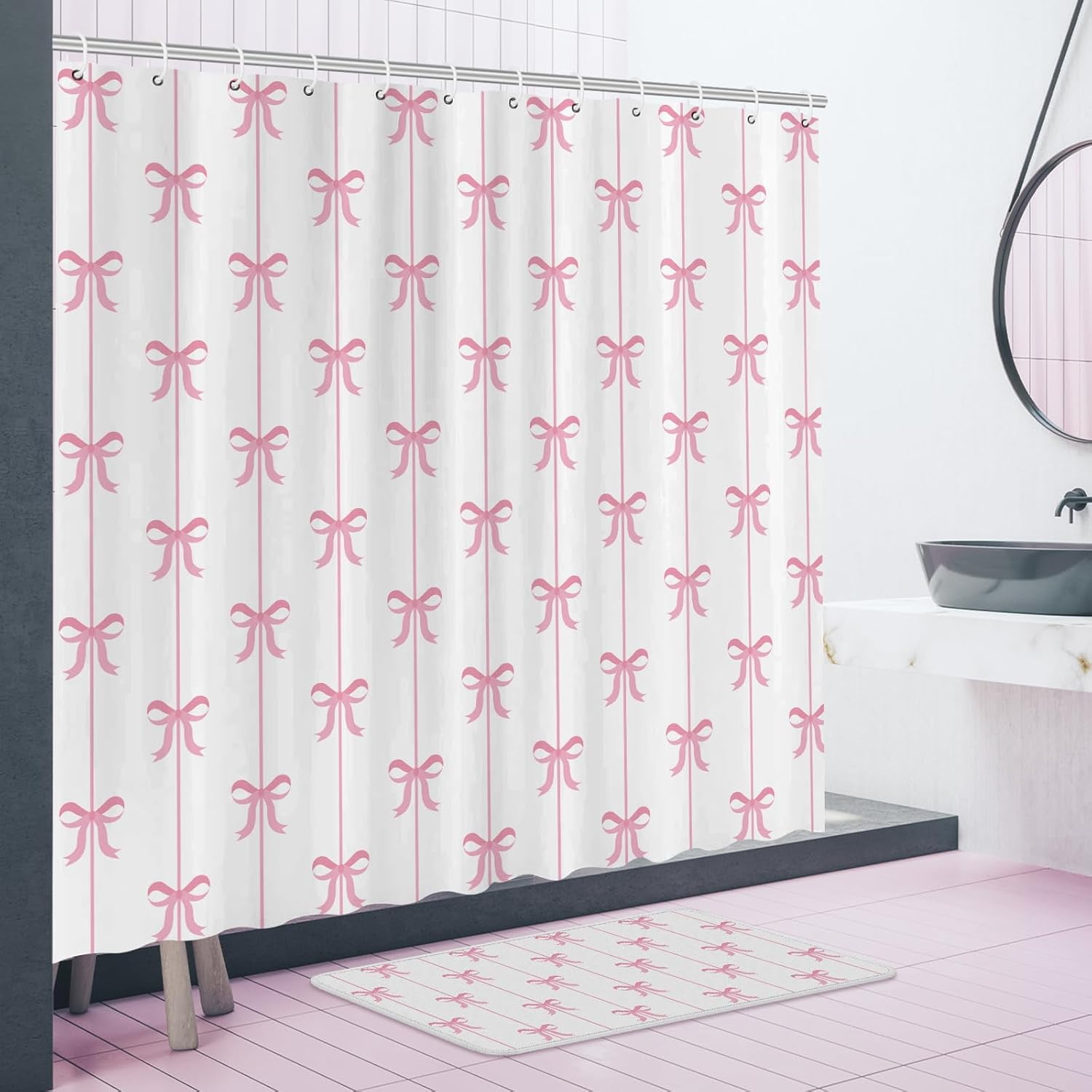 Pink Bow Knot Shower Curtain Set 4 Pcs Coquette Bow Bathroom Decor Set with Rugs Romantic Pink Aesthetic Bathroom Curtain with 12 Hooks for Women