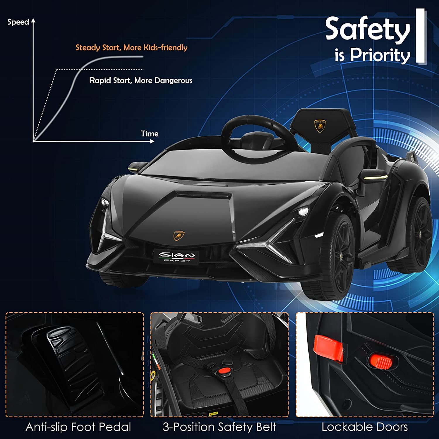 OLAKIDS 12V Licensed Lamborghini Sian Kids Ride On Car with Parent Remote Control, Spring Suspension, MP3 Player, Electric Toy Roadster Carbon Fiber Textured for Toddler Children(Black)