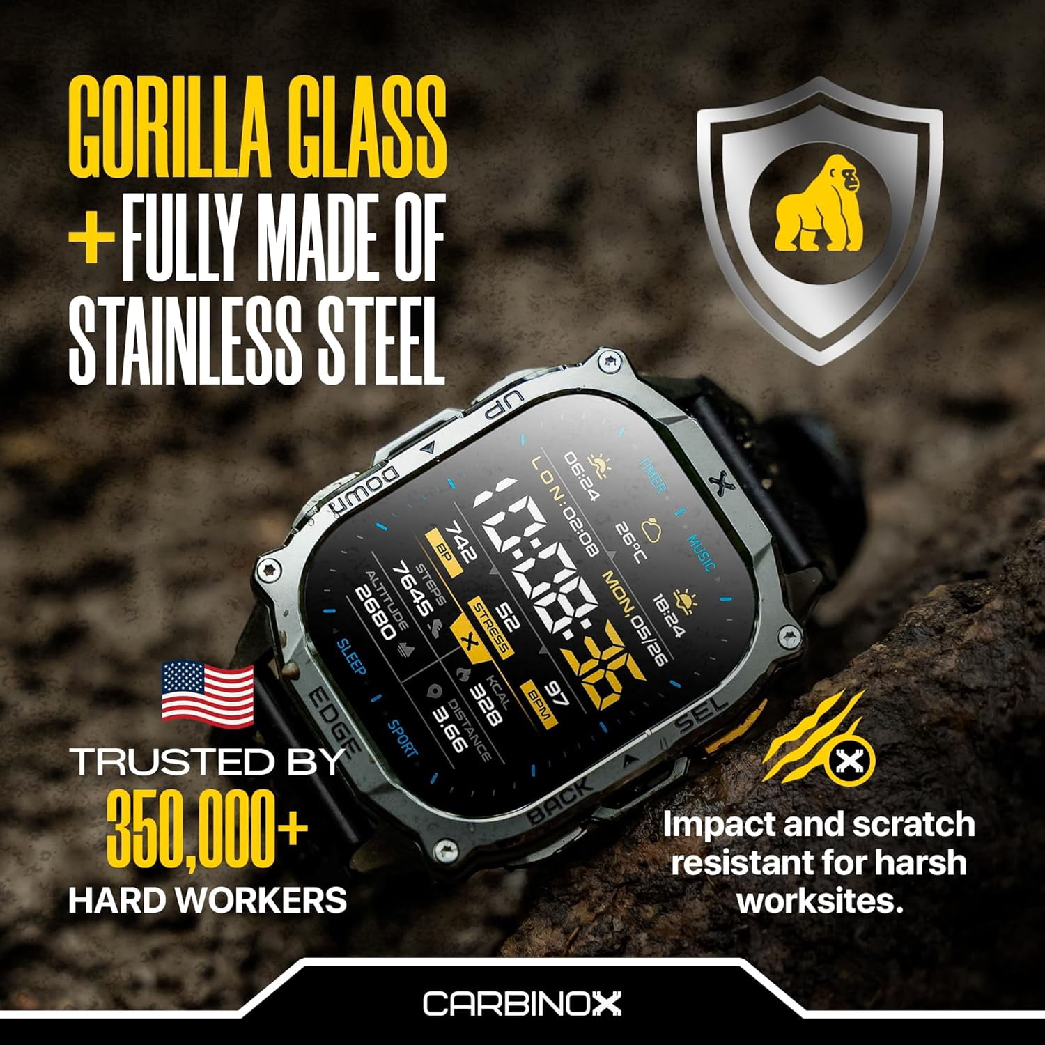 Carbinox Edge Smart Watch Rugged, 1.96″ AMOLED, Stainless Steel, IP69K/5ATM Fitness trackers, Bluetooth Calls, Android Phones iOS (Silver)
