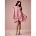 thumbnail image 7 of Pink Solid Layered Stand Collar Flowy Long Sleeve Ruffle Mini Dress, 7 of 7
