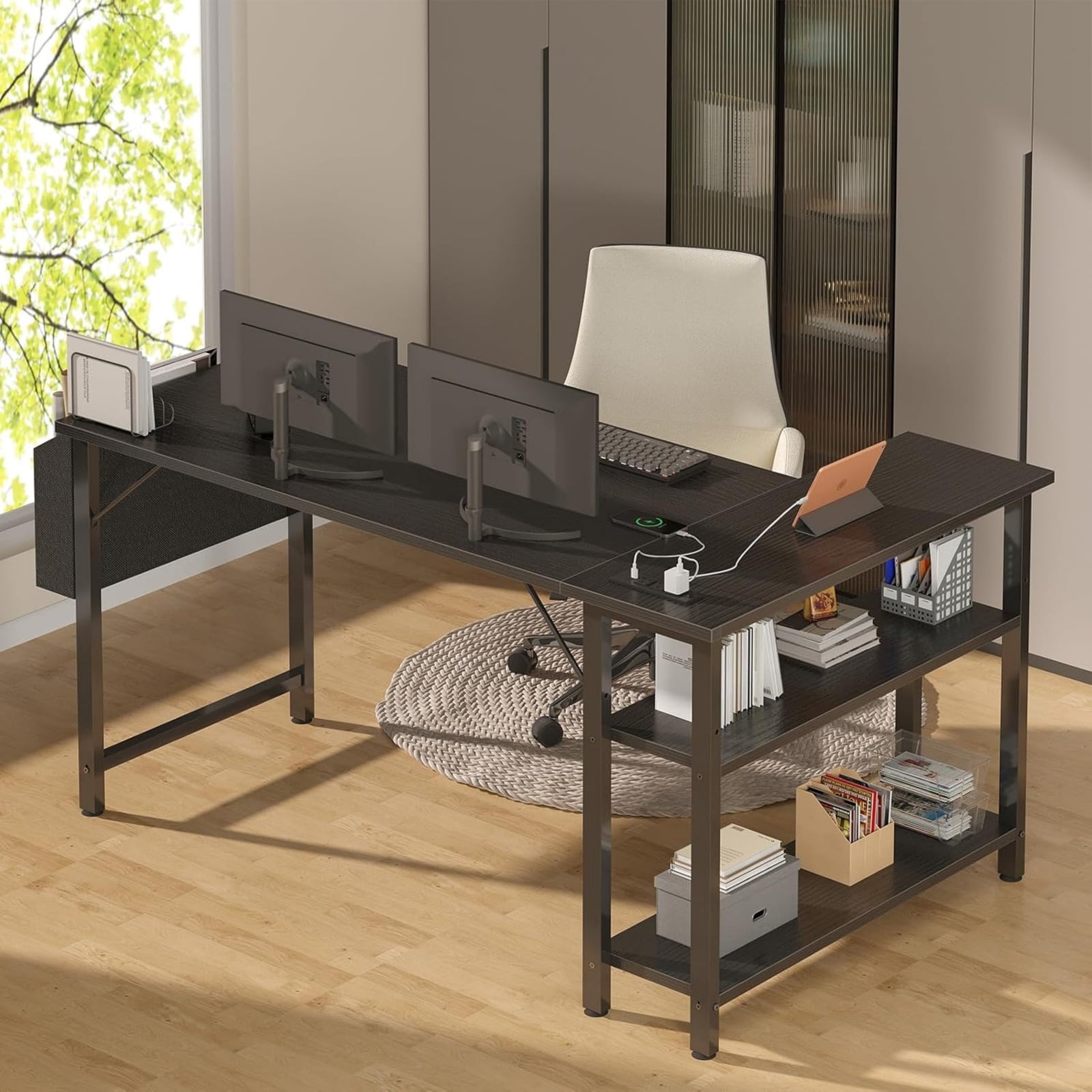 JEZWX 47 Inch L-Shaped Computer Desk with Power Outlet and Storage Shelves, Corner Desk for Home Office Bedroom, Study Writing PC Desk, Black