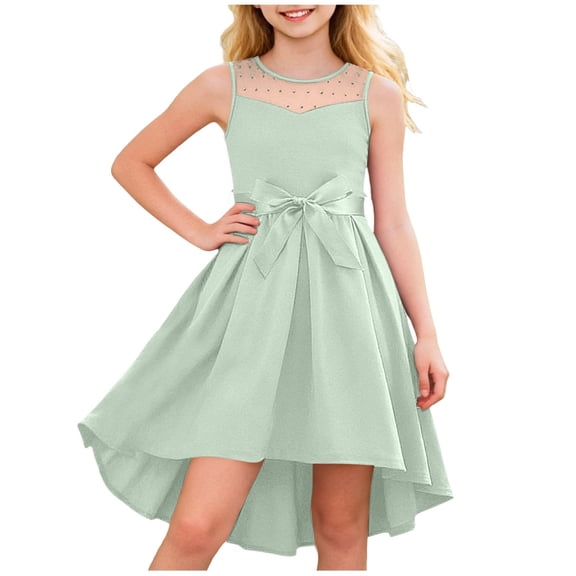OGLCCG Teens Girl's Dresses with Bow Belt Mesh Tulle Sleeveless Casual Holiday Sundress High-Low Wedding Princess Dress 5-16 Years