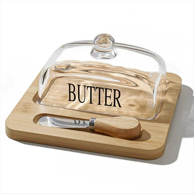 Elegante Mantequera de Estilo Nórdico con Tapa, Bandeja de Madera y Cubierta de Vidrio: Accesorio de Cocina Elegante con Cortador de Mantequilla A