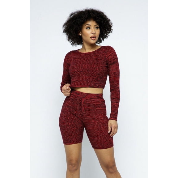 Saronite Basics Ribbed Round Neck Long Sleeve Knit Crop Top & High Waisted Biker Shorts 2-Piece Set, Red (Women's)